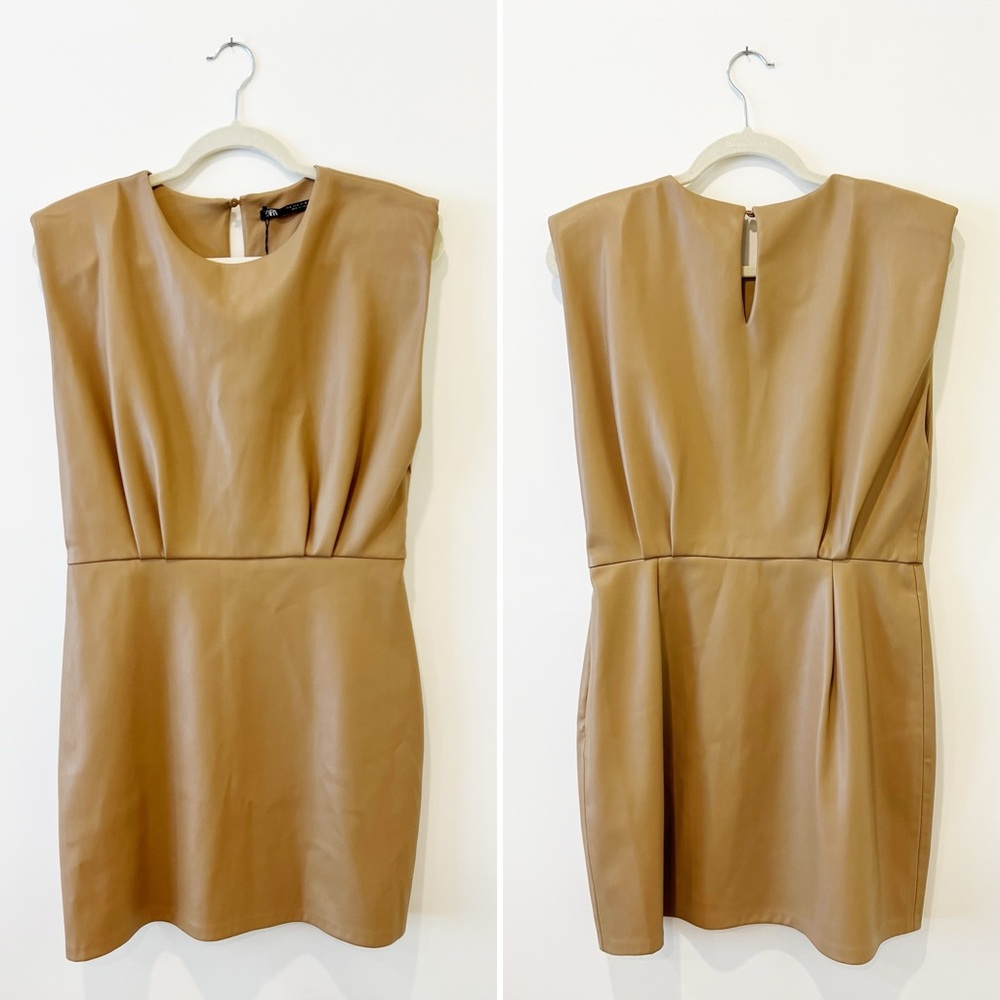 ZARA Faux Leather Padded Shoulder Mini Dress Womens Brown Sleeveless Size Large - Picture 7 of 15
